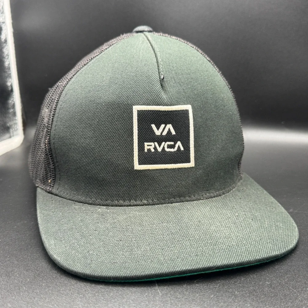 RVCA Mid Fit Trucker Hat Mens Olive Green Mesh Snapback Flat Brim Cap Surf Skate